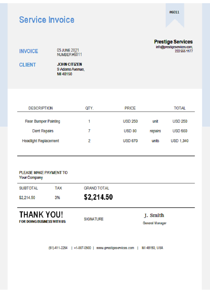 USA Prestige Services invoice PSD template